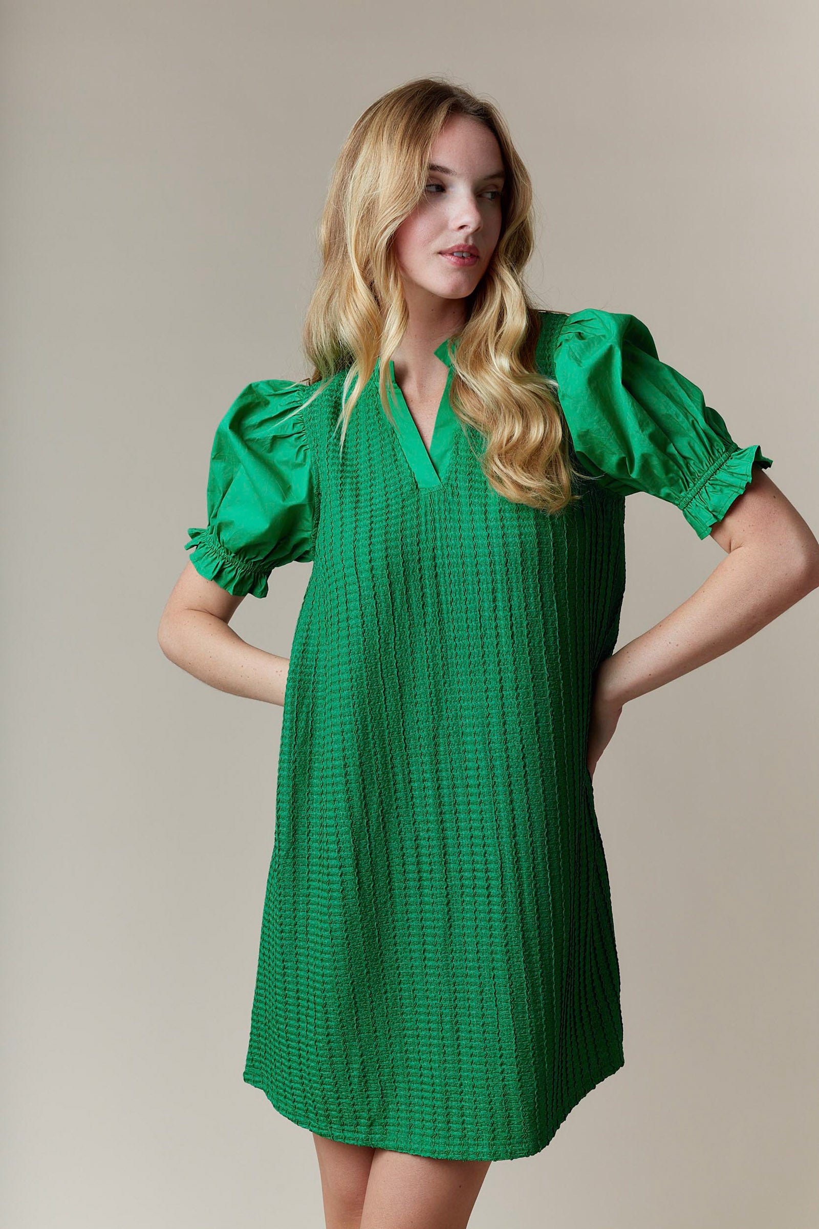 Greenly Dress with short puffed sleeves, V-neck, textured fabric. Available in sizes XS–XL.