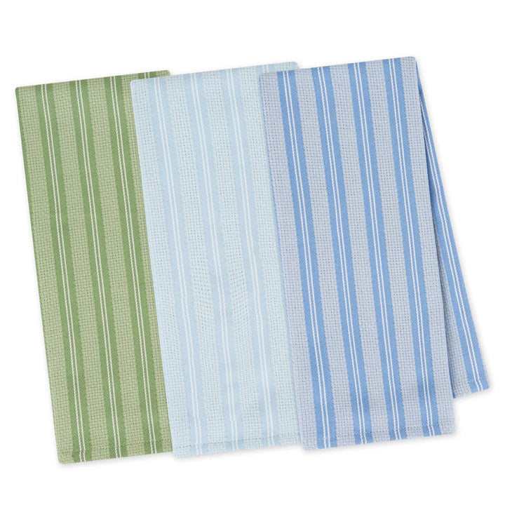 Set of 3 cotton dishtowels with vertical stripes in green, light blue, and blue; each towel features a unique stripe pattern. Size: standard.