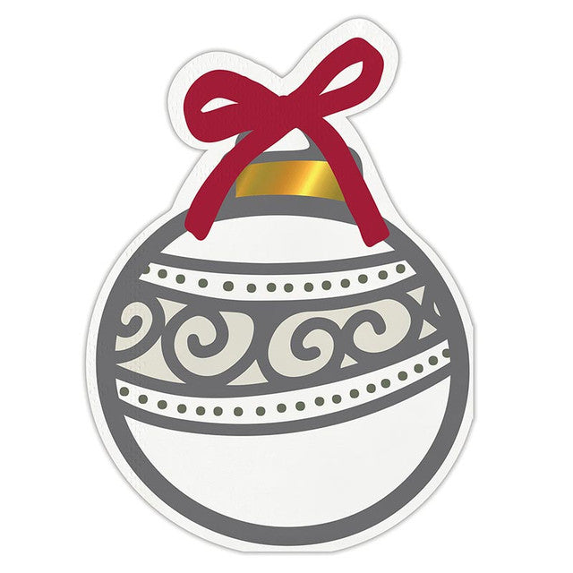 Holiday Cocktail Napkins featuring a white ornament with a gray swirl, gold cap, and red bow. Available in multiple sizes.