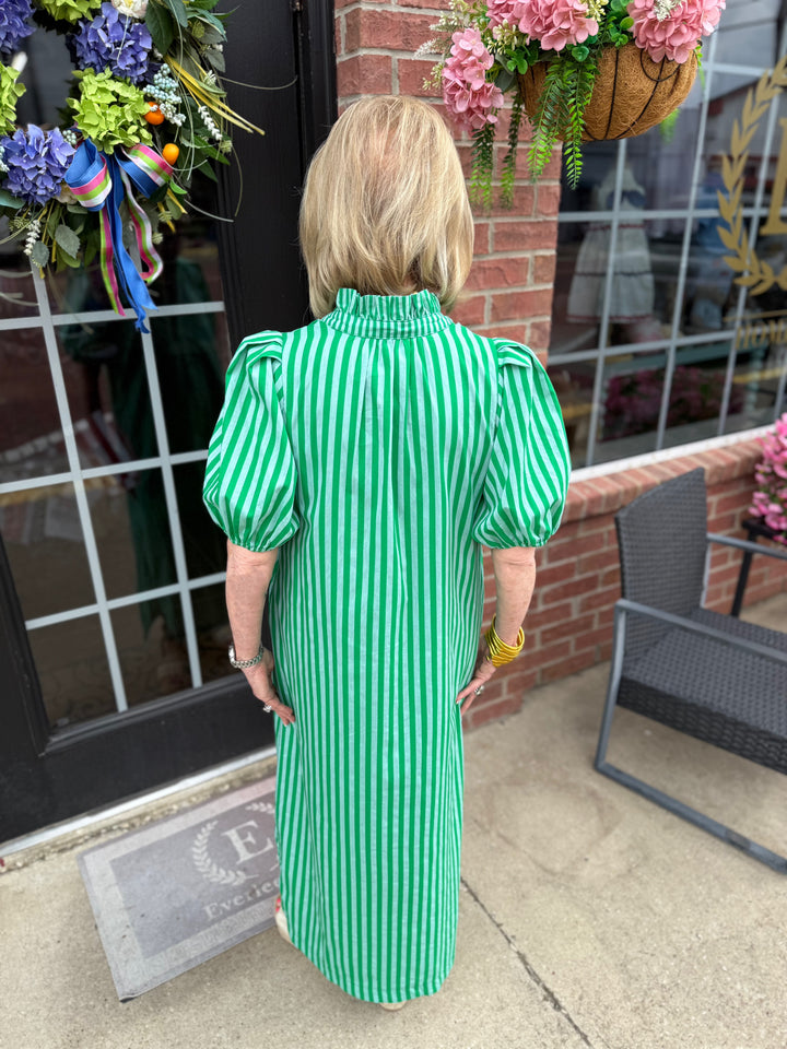 Striped Ruffle Puff Sleeve Midi Dress in green and white. Available in sizes XS–XL.