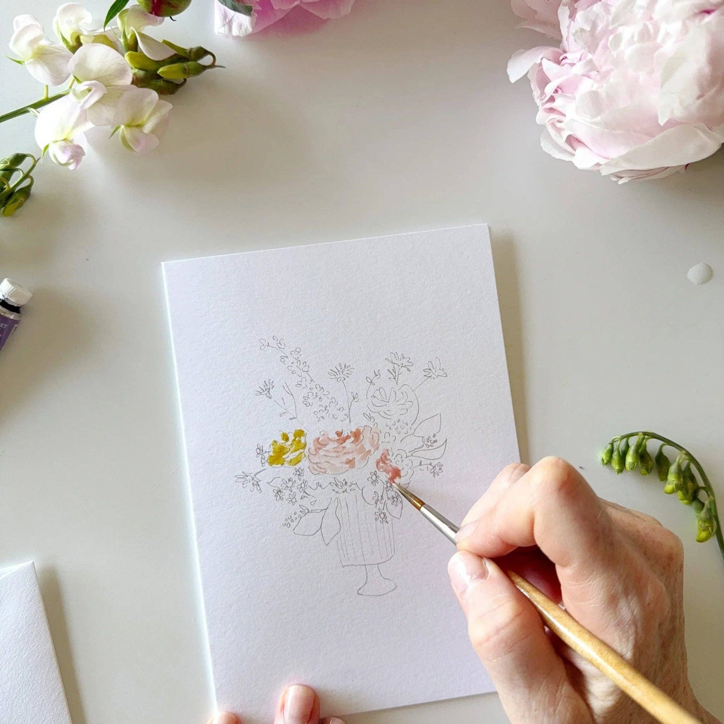Bouquets paintable watercolor notecard set on white paper; available in standard A2 size.