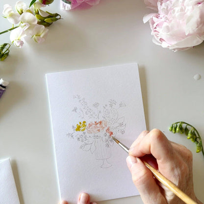Bouquets paintable watercolor notecard set on white paper; available in standard A2 size.