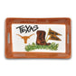 UT Ceramic Mini Tray with brown edges, "TEXAS," Longhorn, boots, orange pennants. Size: mini.