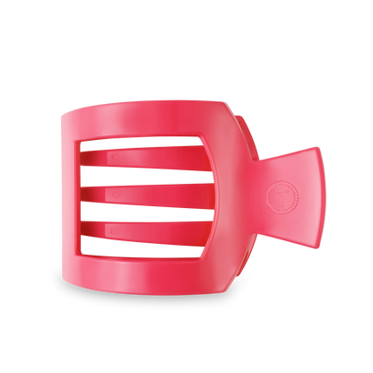 The TELETIES Square Flat Hair Clip in red is a rectangular plastic accessory with three horizontal bars and a large side handle for enhanced grip. Available sizes: Small, Large.