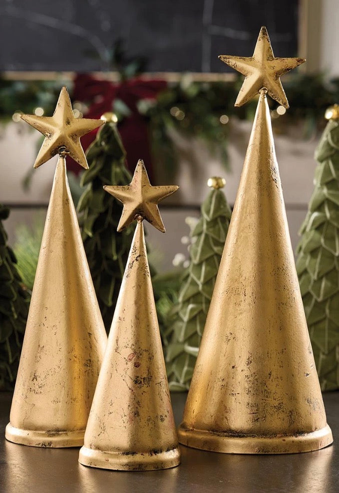 Small, medium, and large metallic gold star bell cone decorations.