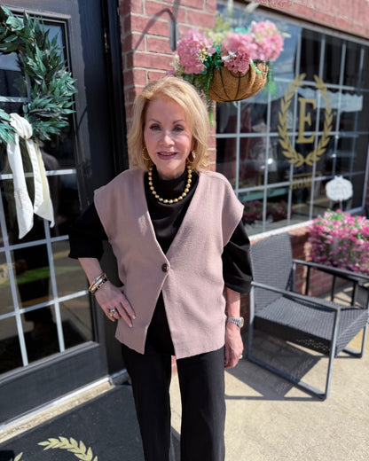 Marlowe Cardigan in taupe, available in sizes XS-XL.