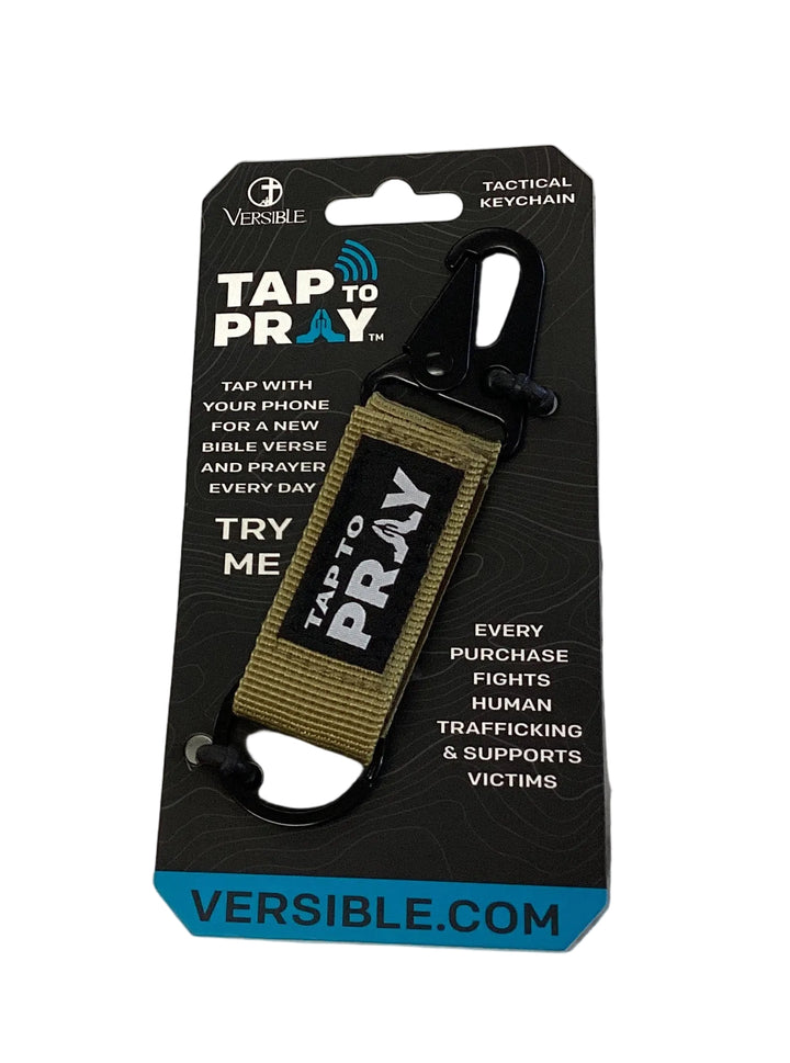 Olive green Tap To Pray keychain with black carabiner.