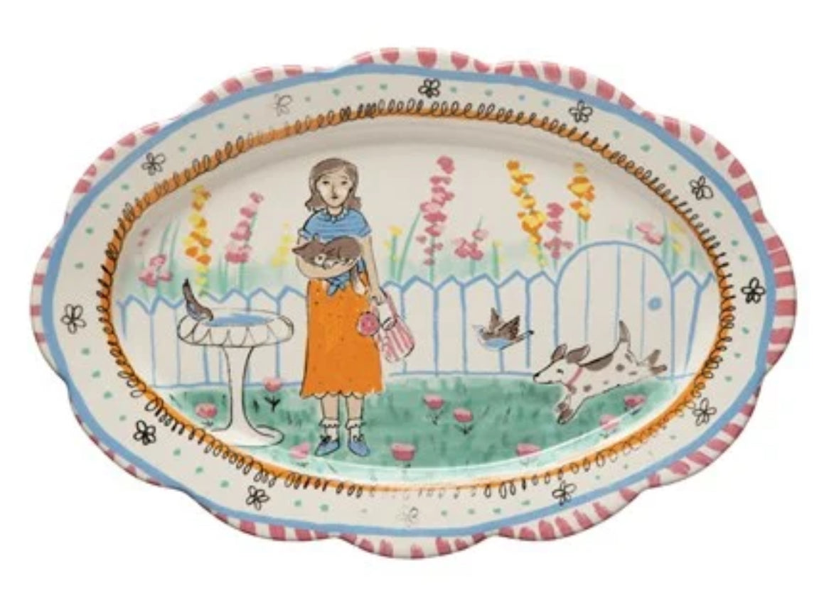 Decorative Ceramic Platter Lady in Garden