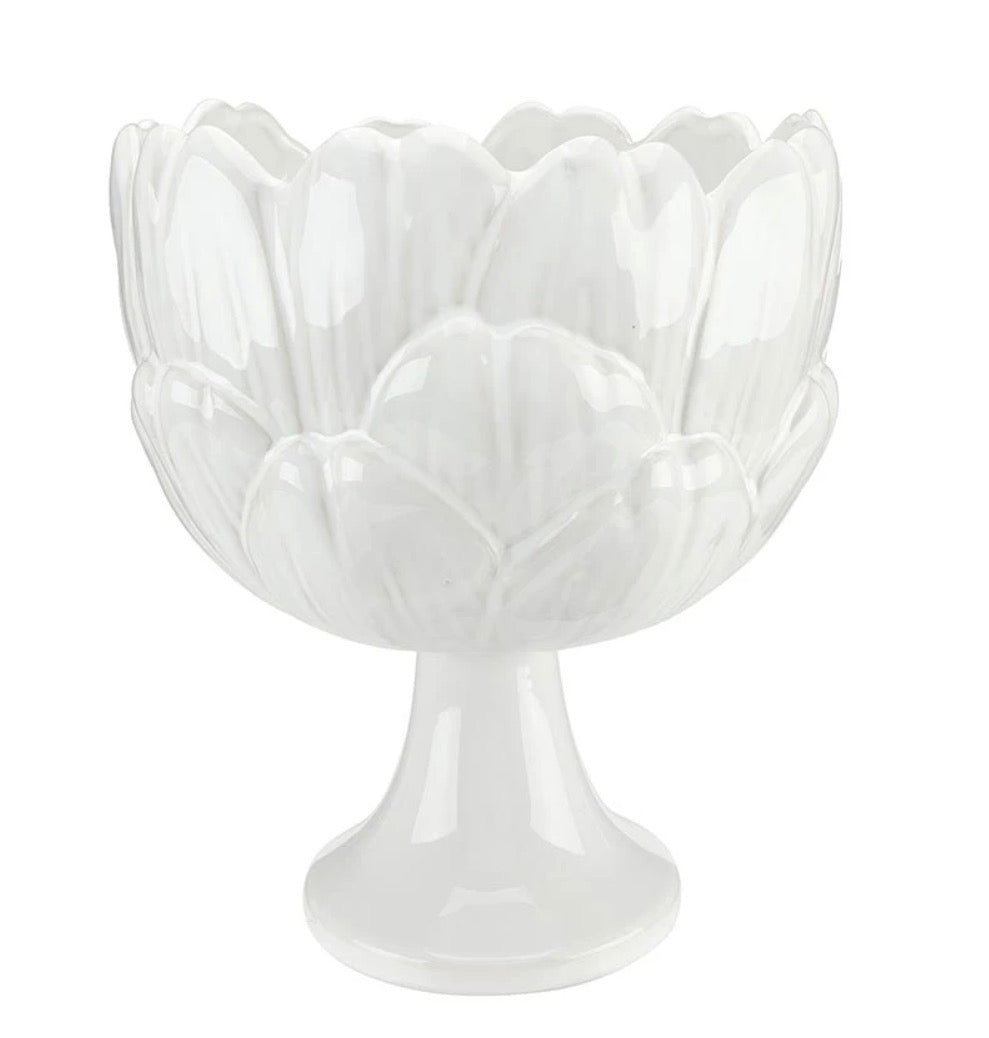 White ceramic bowl with pedestal base and scalloped artichoke-inspired design. Available in small, medium, and large sizes.