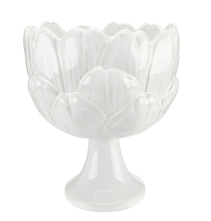 White ceramic bowl with pedestal base and scalloped artichoke-inspired design. Available in small, medium, and large sizes.