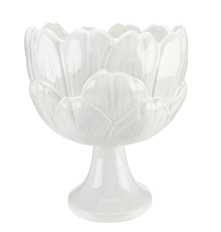 White ceramic bowl with pedestal base and scalloped artichoke-inspired design. Available in small, medium, and large sizes.