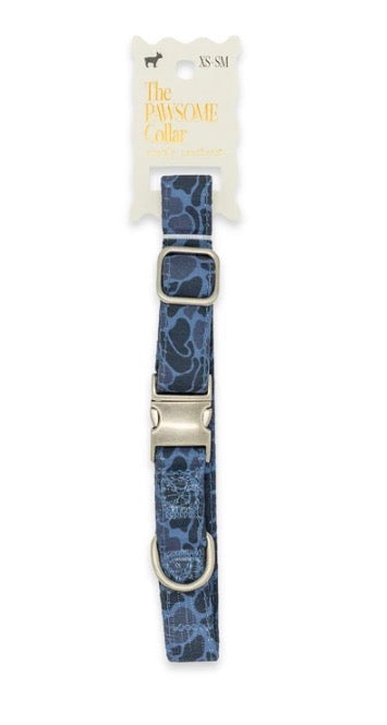 Blue camo print adjustable pet collar with silver buckle, available in size XS-SM.