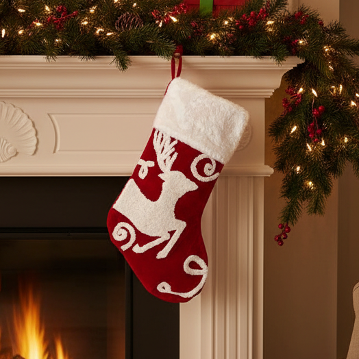 Red stocking with white faux-fur cuff and embroidered reindeer with swirl detailing.
