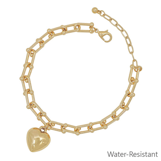 Water Resistant Chain with Puffy Heart Charm 7.5” Bracelet