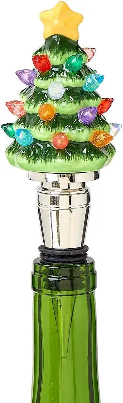 Light-Up Christmas Tree Bottle Stopper with a yellow star and multi-colored lights.