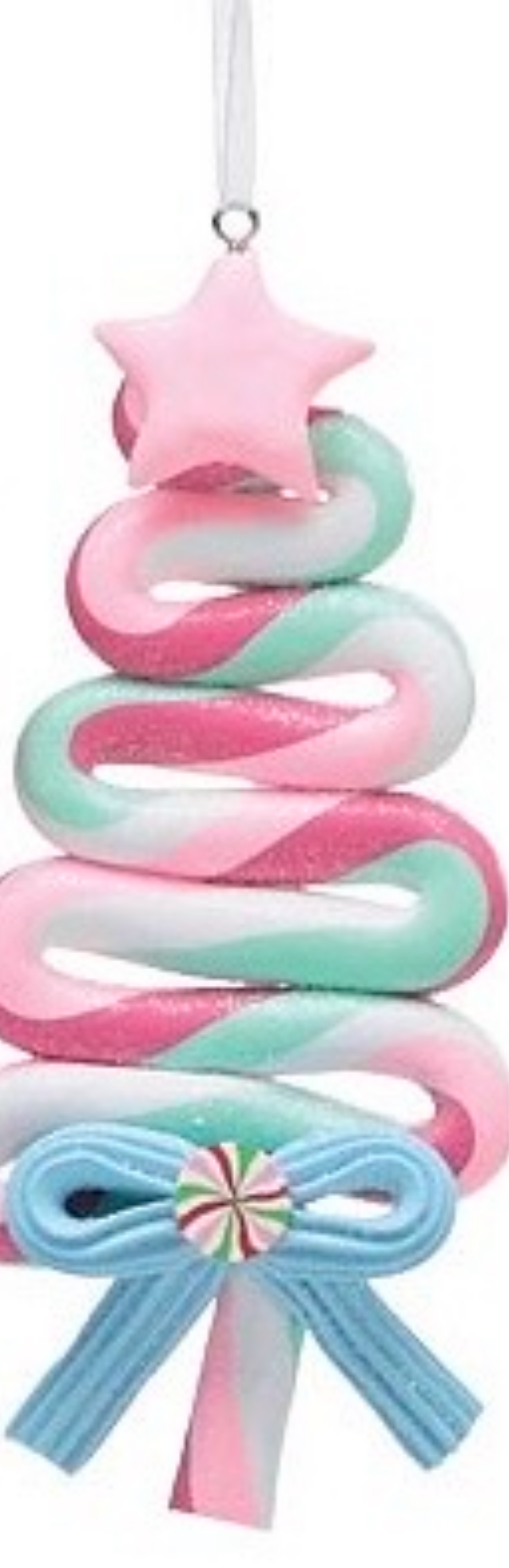 Handcrafted spiral lollipop ornament in pink, white, and teal, featuring a pink star, blue bow, and peppermint center.