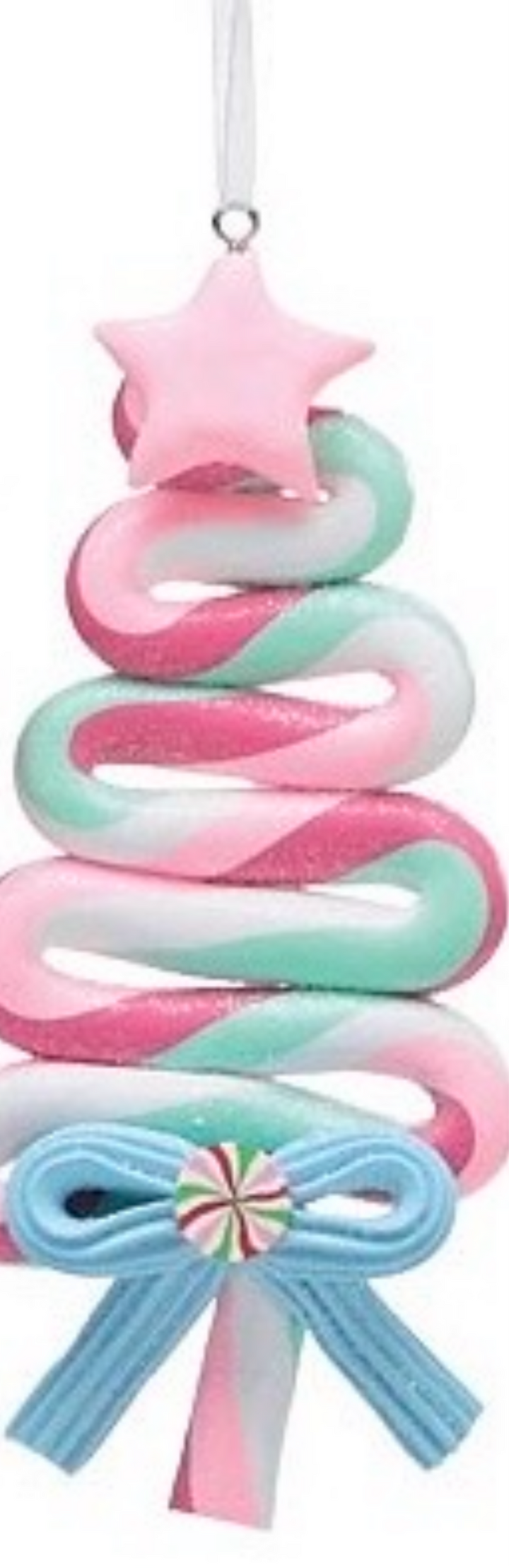 Handcrafted spiral lollipop ornament in pink, white, and teal, featuring a pink star, blue bow, and peppermint center.