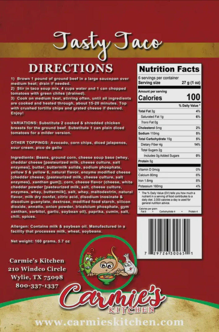 Tasty Taco Soup Mix in a red packet with white and yellow text and cartoon chicken chef; available in 200g and 500g sizes.