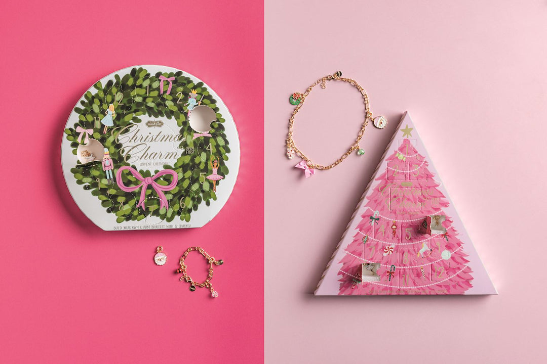 Two Twelve Days of Christmas Advent Calendars: round green wreath and triangular pink tree designs, including metal charm bracelets and festive charms.
