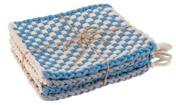 Cotton Crochet Check Pot Holder Set with three blue and cream checkered pot holders, tied with twine. Available in 7x7 inch and 8x8 inch sizes.