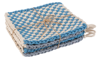 Cotton Crochet Check Pot Holder Set with three blue and cream checkered pot holders, tied with twine. Available in 7x7 inch and 8x8 inch sizes.