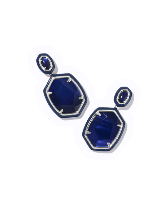 The Daphne Enamel Drop Earrings: large faceted deep blue stones, silver settings, smaller matching stones. Sizes: 1.2", 1.5".