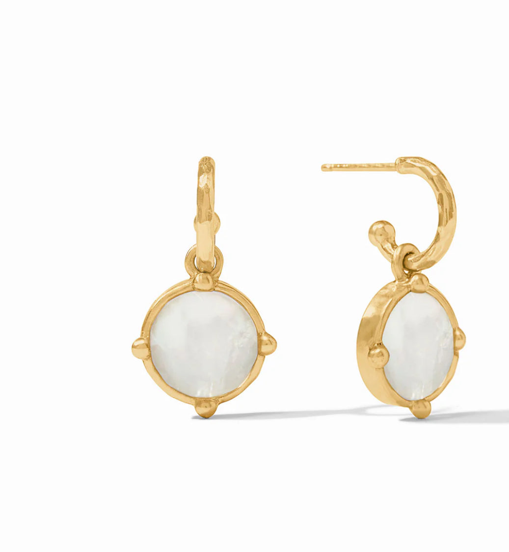 The Honeybee Hoop & Charm Earrings feature 24K gold hoops with oval-shaped, iridescent mother of pearl gemstones in secure four-pronged settings. Sizes available: One size.