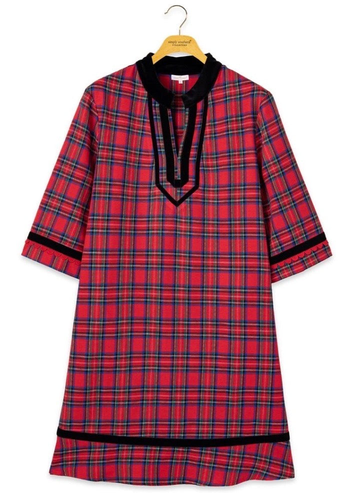 Red plaid velvet trim mini dress with black velvet split neckline and hem trim. Available in multiple sizes.