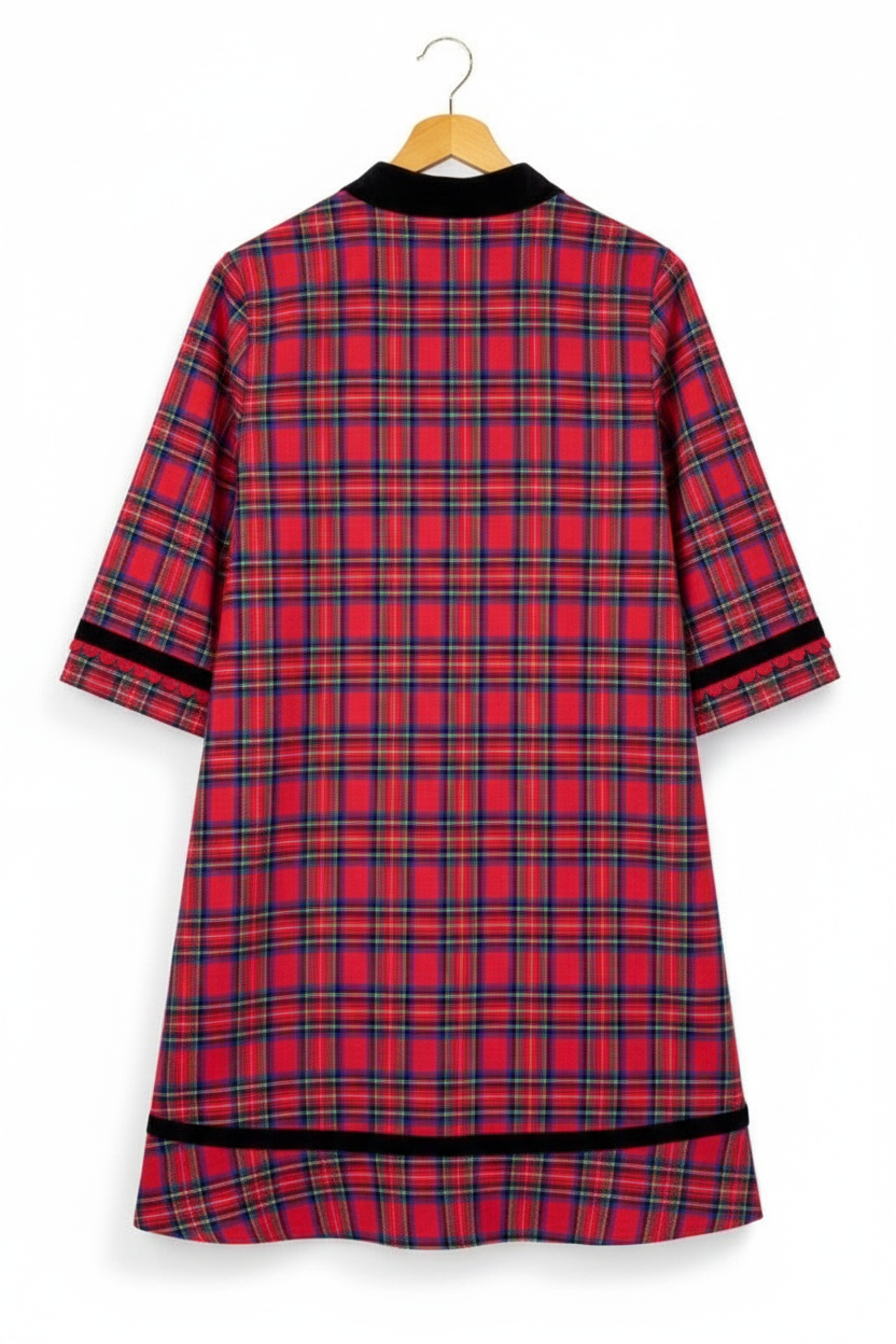 Red plaid velvet trim mini dress with black velvet trim on collar, cuffs, and hem. Available in multiple sizes.