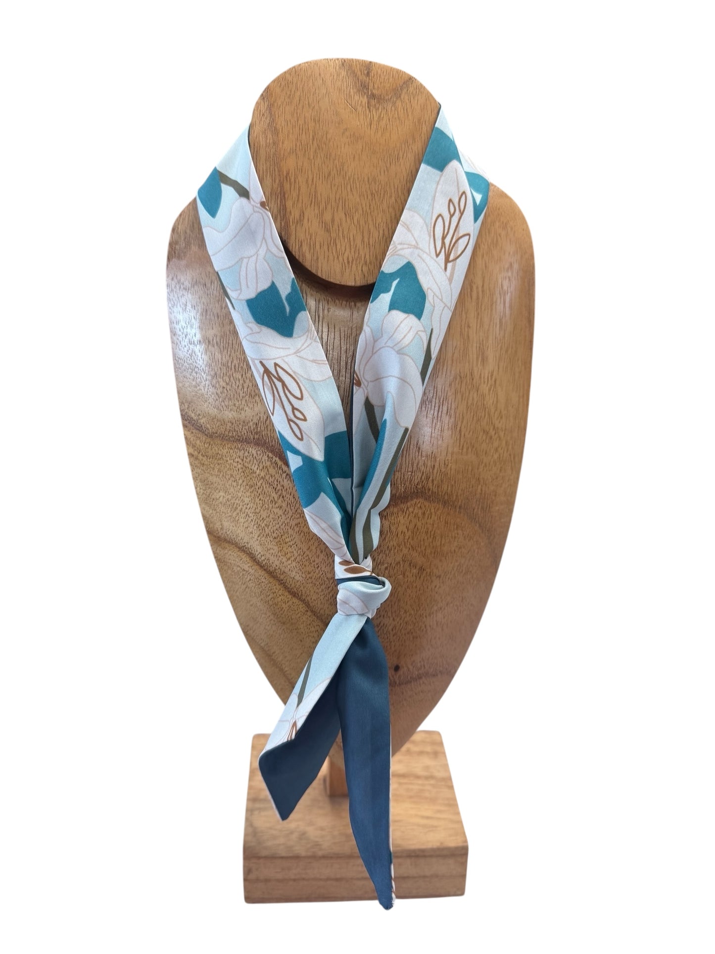 Blue and white floral silk Scarf Necklace, multi-functional accessory. Available in small, medium, and large sizes.
