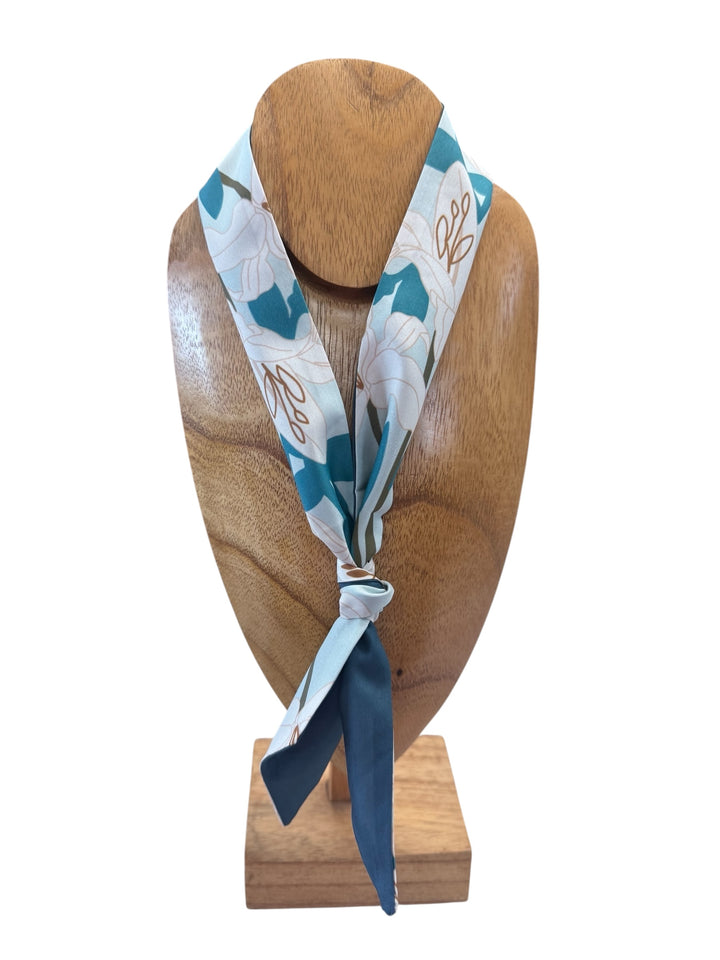 Blue and white floral silk Scarf Necklace, multi-functional accessory. Available in small, medium, and large sizes.