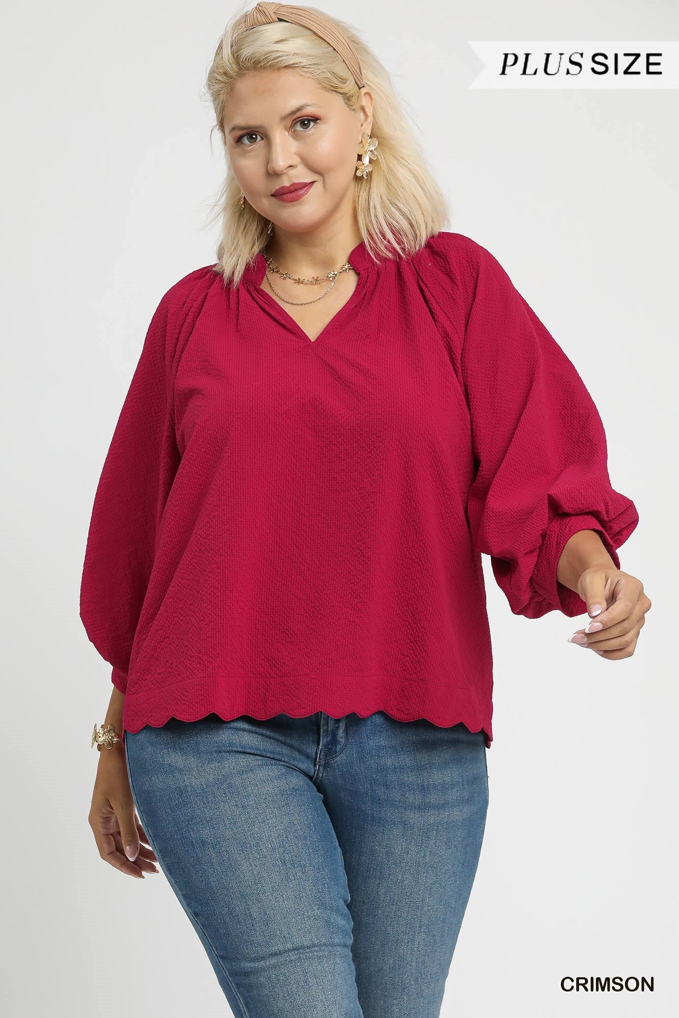 Crimson Scallop Hem Balloon Sleeve Top, available in plus sizes. Image text: "PLUS SIZE" and "CRIMSON.
