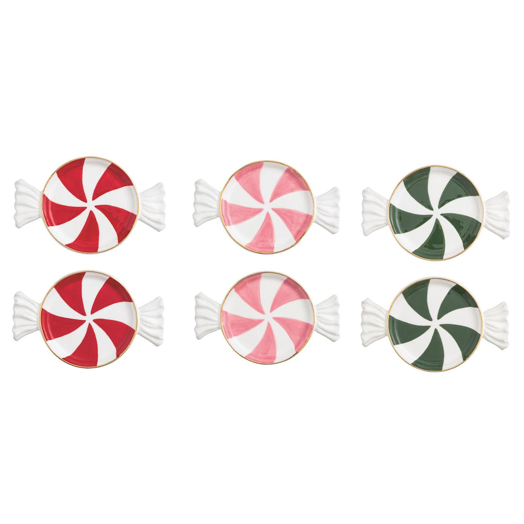 Six candy-shaped tidbit plates with red, pink, and green swirls, white twisted ends, and gold rims.