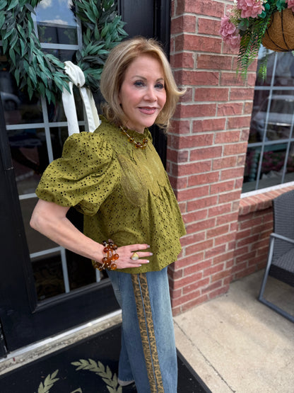 Green Ruffled Eyelet Puff Sleeve Top, available in sizes XS–XL.