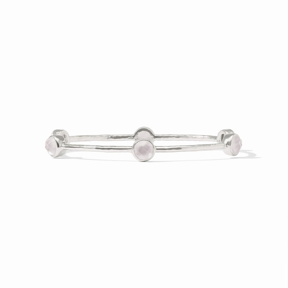 Hammered silver-plated Milano Bangle with three faceted pale pink gemstones. Available in multiple sizes.