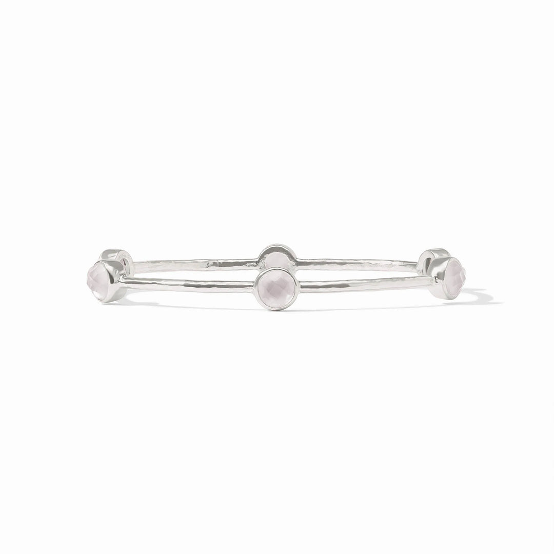 Hammered silver-plated Milano Bangle with three faceted pale pink gemstones. Available in multiple sizes.