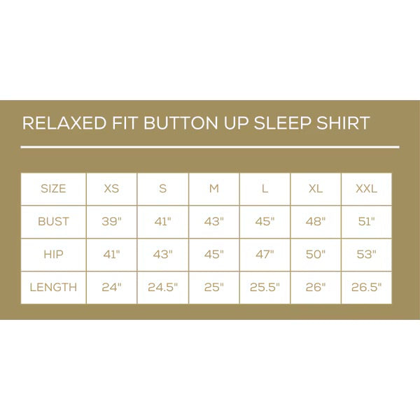 Size chart for Pinstripe Short Sleeve Sleep Shirt, sizes XS-XXL.