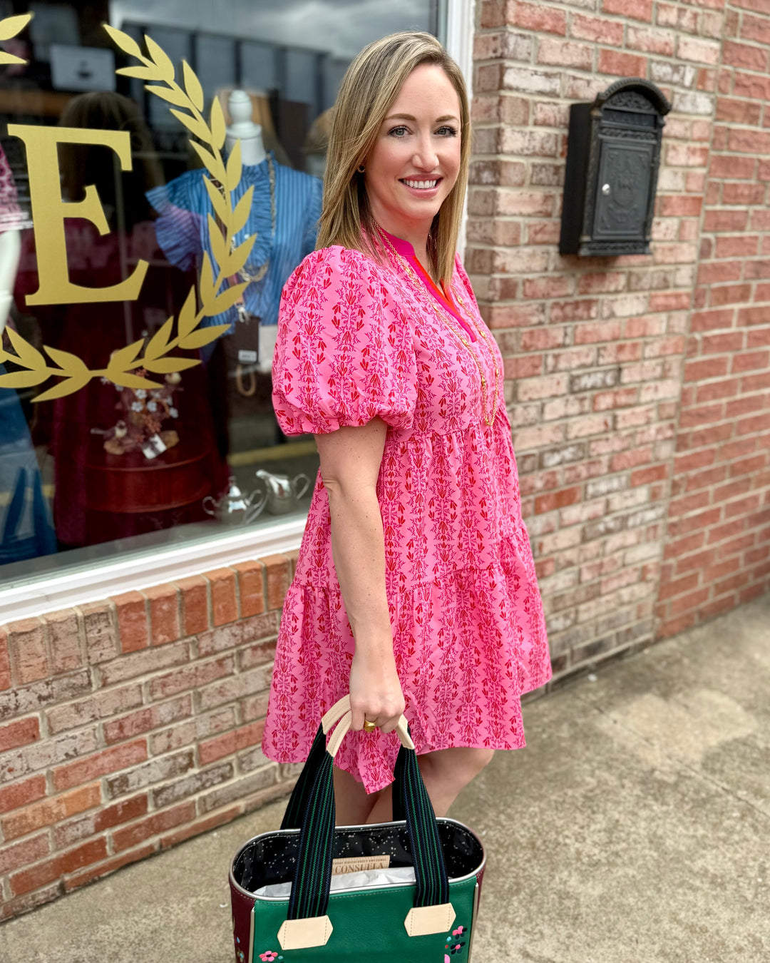 Kinsley Heirloom Vine Pink Dress with floral puff sleeves. Available in XS-XL.
