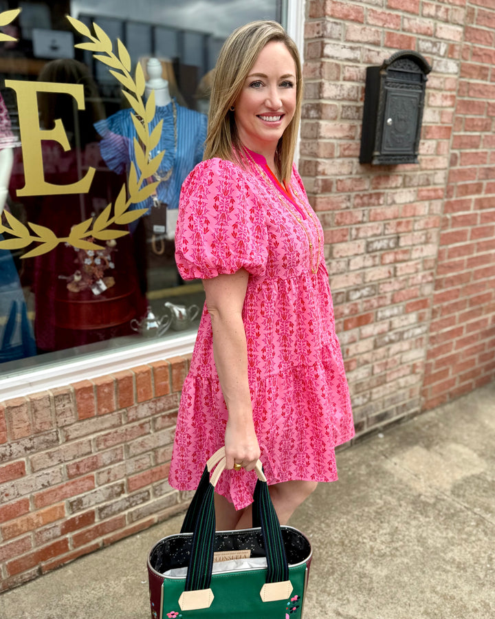 Kinsley Heirloom Vine Pink Dress with floral puff sleeves. Available in XS-XL.