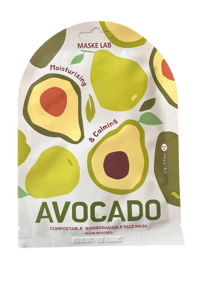 Maske Face Mask: Moisturizing and calming. Compostable, biodegradable. Made in Korea. Decorated with green and yellow avocado illustrations. Sizes available: One size fits all.