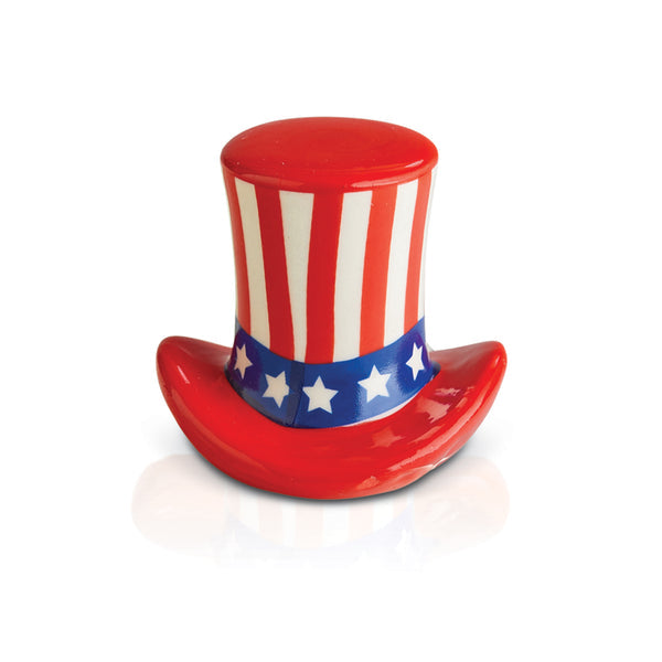 Ceramic Nora Fleming Minis shaped like Uncle Sam hats with red, white, and blue details. Available in standard mini size.