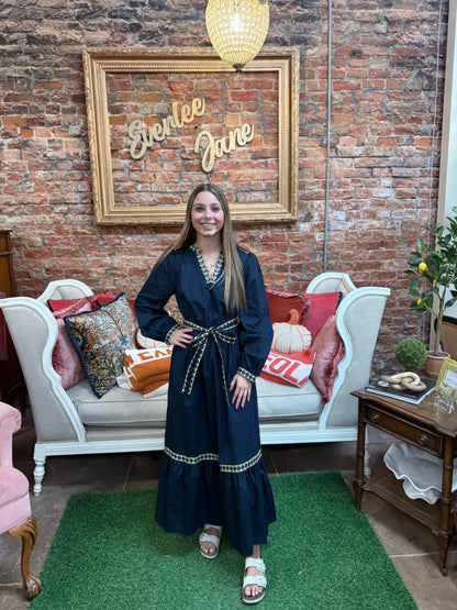 Kathy Embroidered Belt Midi Dress