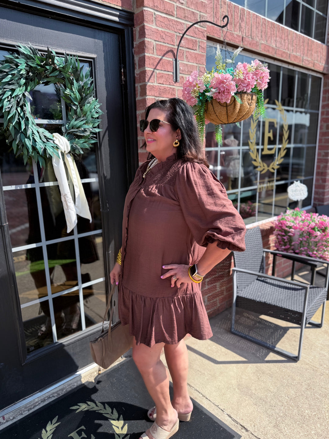Smocked Ruffle Tiered Mini Dress; available in sizes XS-XL.