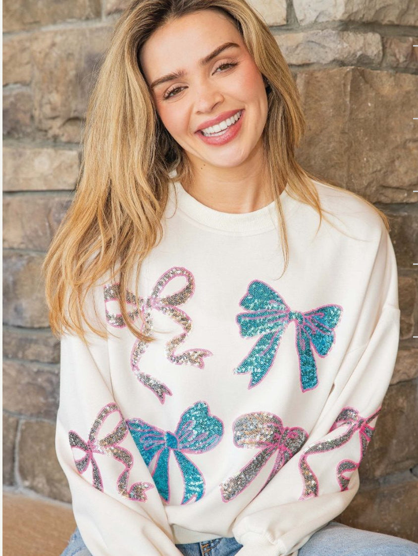 Cream Sweatshirt with Sequin Ribbons