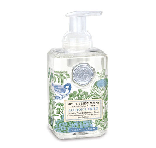 Cotton & Linen Foaming Soap by Stonewall Kitchen. Luxurious clean cotton-scented soap. 17.8 fl oz (530 ml).