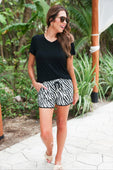 Zebra Essence Everyday Shorts with tie-waist. Available in sizes XS-XL.
