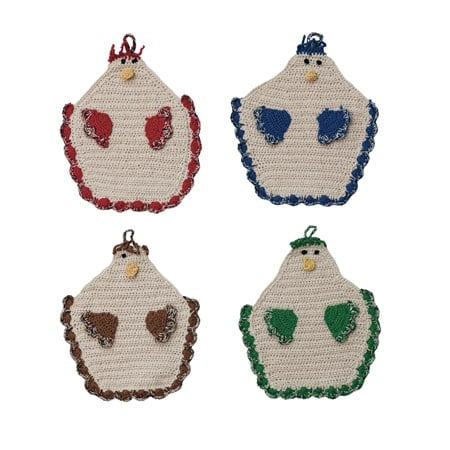 Set of 4 cotton crocheted chicken pot holders with loops, in red, blue, brown, green. Features wing and beak accents. Sizes: 8"x8".