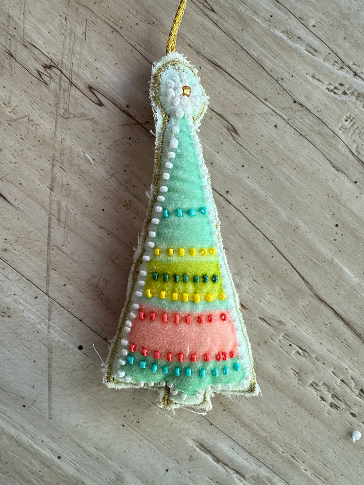 Cotton Velvet Snowman Ornament with embroidery, colorful glass beads, and a gold hanging loop.