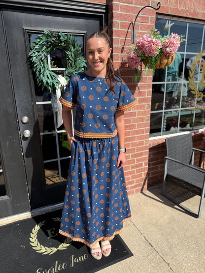Auburn Medallion Skirt Set: elegant blue and orange hand block printed two-piece skirt set, available in sizes XS-XL.