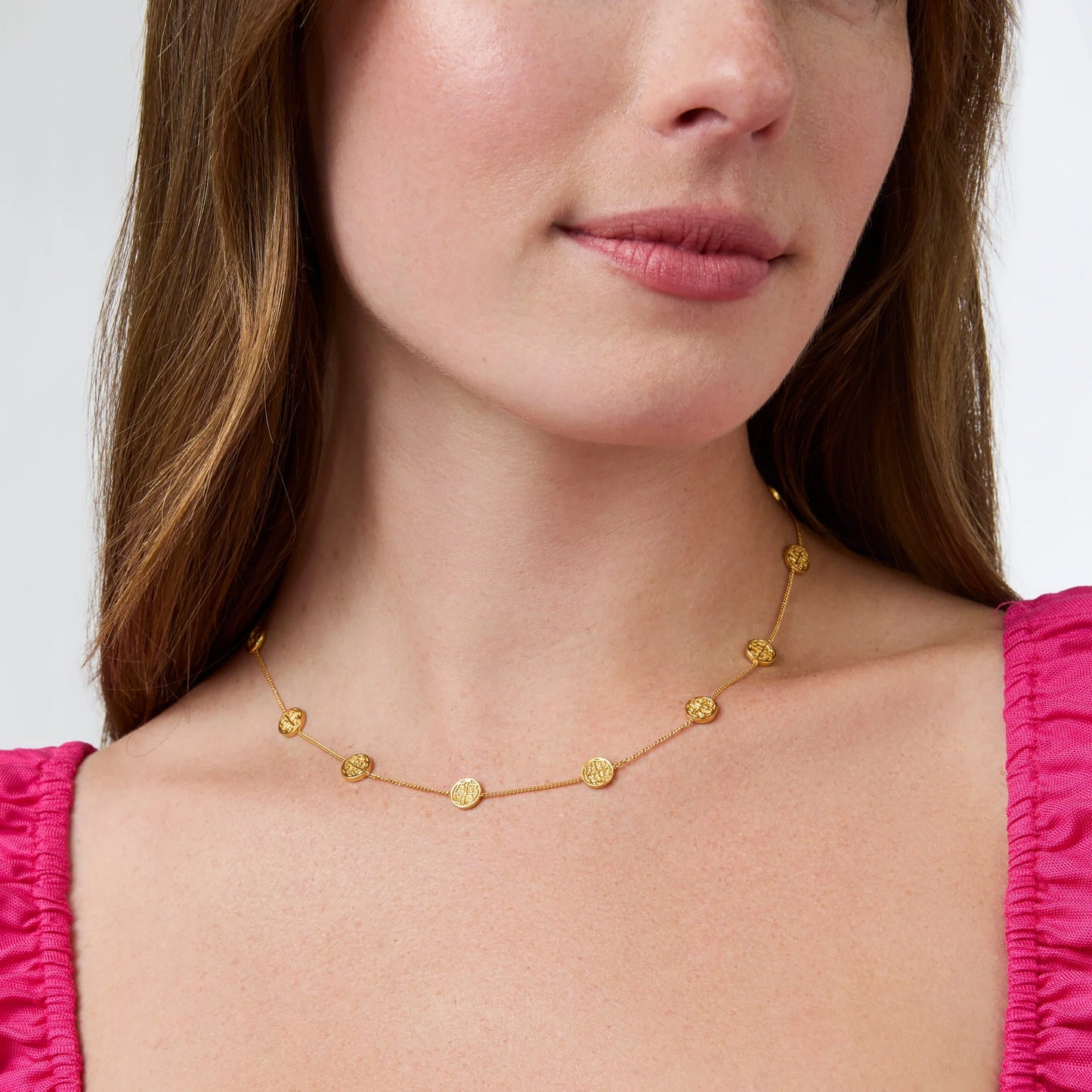 Valencia Delicate Station Necklace: gold chain with small circular pendants. Available in 16", 18", and 20" lengths.